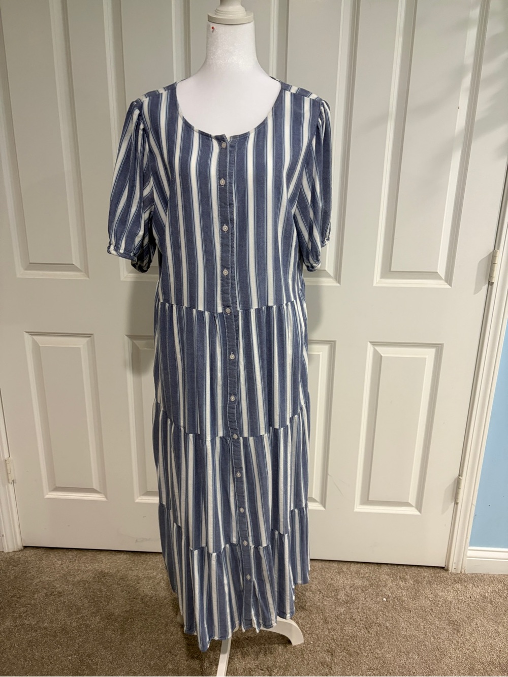 Old Navy Blue and White Striped Tiered Button-Front Maxi Dress